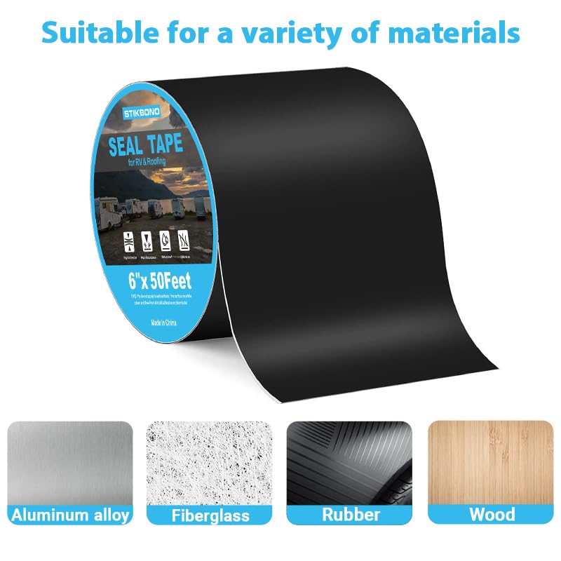 STIKBOND شريط مانع تسرب RV أسود 6" × 50 قدم، 1 عبوة، شريط سقف تجاري مقاوم للماء للجدران، الأجهزة، إصلاحات المركبات، ومقاوم للعوامل الجوية - Image 4